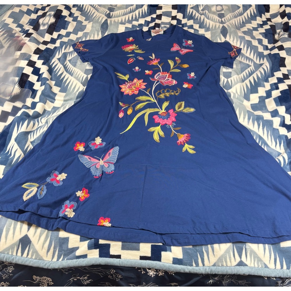 Johnny Was Blue Embroidered Floral Butterfly T-Shirt Dress XL Short Sleeve Boho